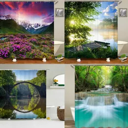 Shower Curtains Suburban Bamboo Shower Curtain Waterfall Bathroom Curtain Mountain Landscape Bathroom Waterproof Fabric Decorative With Hooks 231007