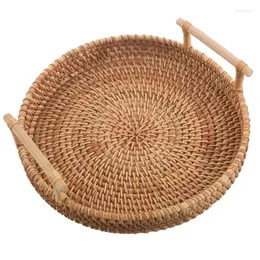 Cesti portaoggetti Cestino per il pane in rattan Vassoio da tè rotondo intrecciato con manici per servire cene, feste, caffè, colazione (8,7 pollici)