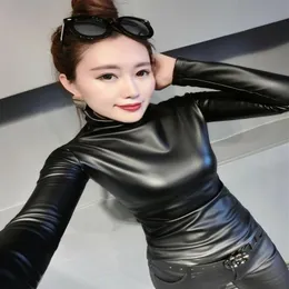 Yeni Kadınlar Kış Sıcak Buzlu Yurböceği Uzun Kol Bodycon Tunik PU Deri Plus İçinde Gömlek Üstleri Artı Boyut S M L XXL 261D