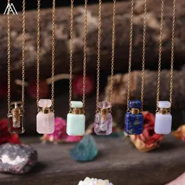 Plated Gold Chains Small Perfume Bottle Natural Gemstones Pendants Quartz Crystal Essential Oil Diffuser Vial Necklace Charms249Q