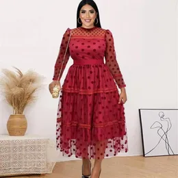 Plus Size Dresses Long Sleeve Tulle Dress Polka Dot Classy A Line Slim Fit Midi Women See Through Lady Evening Party Gowns 5XL235w