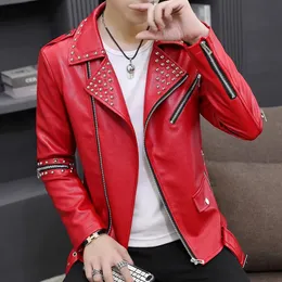 Men's Leather Faux Leather HOO Men's Casual Autumn Slim Fit Handsome Rivet Oblique Zipper Leather Jacket Youth Trendy Motorcycle PU Leather Jacket 231010