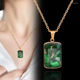 Pendant Necklaces SINLEERY Stainless Steel Green Natural Stones Inside Square Necklace For Women Gold Color Chain Fashion Jewelry