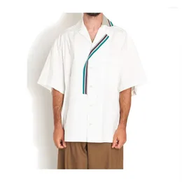 Men's Casual Shirts KOLOR Shirt 2024 Summer Japanese Loose Cotton Asymmetric Stripe Color Matching V-neck Panel Short Sleeve Tops Fashion