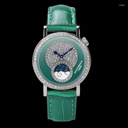 Наручные часы 32 мм, роскошные модные гипсофильные женские и женские кварцевые часы с маленькими зелеными бриллиантами, импортные водонепроницаемые часы с кожаным ремешком