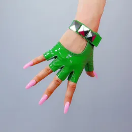 Five Fingers Gloves REAL PATENT LEATHER Fingerless Short Green Silver Studs Half Finger 231010