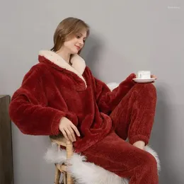 Hemkläder pajama sätter kvinnors solida långärmad vinterkvinna fluffig pijamamamasdräkt med byxor tjocka varma fleece kläder för kvinnliga