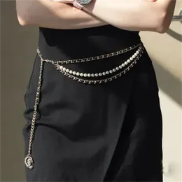 Luxury Designer Waist Chain Three Layer Leather Woven Brand Girdle Vintage Metal Chains Pearl Pendant Belts Accessory Women Thin Waistband