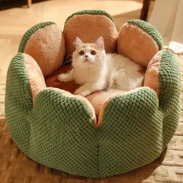 Kattbäddar möbler mjuk varm sömn katt säng rolig kaktus kronblad form husdjur hus för kattungar valp djup sovande plysch bo möbler 231011