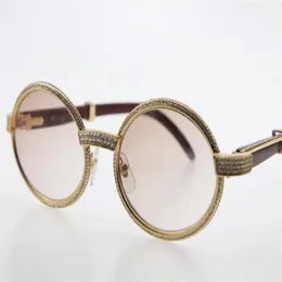 Ganzholz-Sonnenbrille mit kleineren und großen Steinen, rund, 7550178, Vintage-Unisex-Sonnenbrille, 18 Karat Gold, Brille, braune Linse, hohe Qualität, C D2225