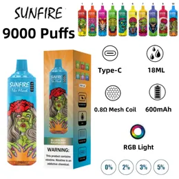 Original Sunfire Vape Digital box 9000 puffs Disposable E-cigarettes Features 18ml Vape 0/2/3/5% Rechargeable 600mAh Battery Associated 10 Flavors Available