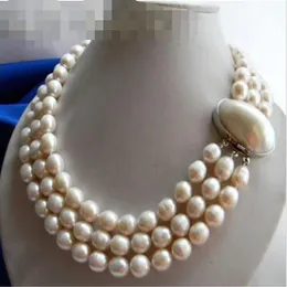 3Strands 11MM White Rice Freshwater Pearl Necklace307t