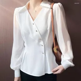 Kvinnor Bluses Spring Autumn Office Lady White Button Up Shirts Chic Asymmetrical Fashion V Neck Long Sleeve Blue Elegant Slim Tops för