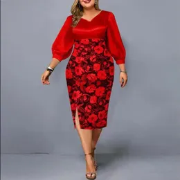 Plus size vestidos elegante vestido 2021 feminino floral impressão meados vermelho outono senhoras sexy com decote em v natal clube festa 3xl 4xl 5xl271y