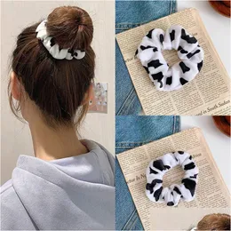 Acessórios de cabelo Vaca Preto Branco Pelúcia Elástica Faixas de Cabelo Curling Tie Anel Loop Titular Scrunchie Borracha Corda Banda Headwear Ha Dhlcv