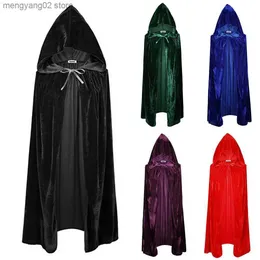 Temad kostym vuxen halloween sammet kappa cape hooded medeltida come häxa wicca vampire halloween come i full längd klänningsrockar 5 färger t231011