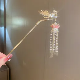 Nya kinesiska Phoenix Lotus Pearl Chain Tassel Dripping Oil Hairpin Hairpin med nationell stil och elegant hårnål
