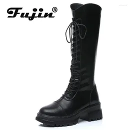 Boots Fujin 6cm Genuine Leather Synthetic Platform Wedge British Knee High Mid Calf ZIP Ladies Winter Women Plush Warm Shoes