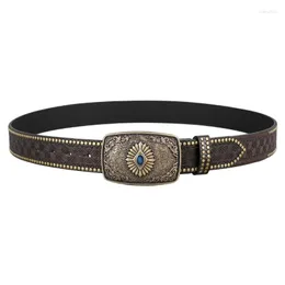 Belts Western PU Leathers Cowboy Buckle Belt For Men And Women Jeans Engraved Floral Metal Rivet