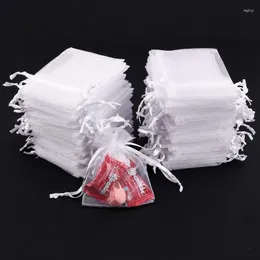 Gift Wrap 50st White Organza Bags 7x9 9x12 11x16 13x18cm smycken Party Wedding Drawable Puches Candy Bag For Communion Deco 55