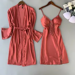 Mulheres sleepwear 2 pcs pijamas conjunto mulheres v-pescoço 2023 rendas quimono sexy nightshirts flor nightwear robe vestido sleep terno nightgown