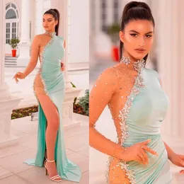 Evening Dresses Pleat Prom Party Gown Formal Custom New Zipper Lace Up Plus Size Mermaid Sequins Beaded Thigh-High Slits High Neck Long Sleeve Elastic Satin Crystal