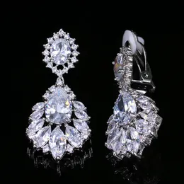 Classic Diamond Clip on Screw Back Earrings Designer for Woman White AAA Cubic Zirconia Silver Dangle Crystal Earring Luxury Wedding Jewelry for Brides Bridesmaid