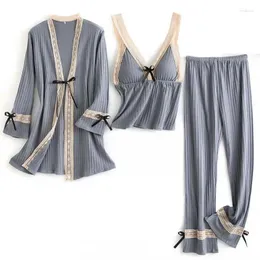 Startseite Kleidung Frauen Pyjamas Anzug Baumwolle 3PCS Nachtwäsche Schlaf Set Weiche Intime Lingerir Spitze Trim Kimono Bademantel Lose Sexy Pyjamas