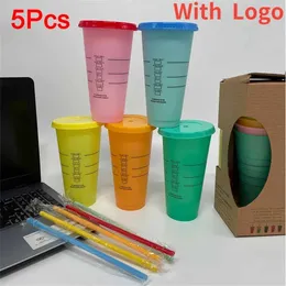 Copo de palha de 710ml e tampa Copo de café Starbucks que muda de cor com logotipo, copo reutilizável, copo de café de plástico, 5 peças