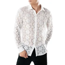 lncdis 슬림 레이스 셔츠 드레스 남자 피트 캐주얼 부드러운 긴 소매 셔츠 정식 의류 chemise homme blouse 잘 생긴 중공 102539