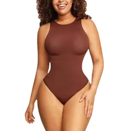 Body-Hugging T-shirt Bodysuit Tops for Women Soft Crew Neck Body Shaper Thong Jumpsuit Flat Belly Corset Sexig thong Shapewear