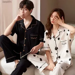 Mäns sömnkläder Par Pyjamas Set Cartoon Pyjamas Cotton Pijamas Lapel Short Sleeved Men and Women Sleepwear Casual Lover Homewear LoungeWearl231011