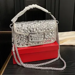 Paljettpärla axelväska kedja äkta läderväskor klaff messenger handväska bokstav spänne full diamant dekoration toppkvalitet 10a designer crossbody väskor