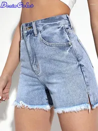 Women's Shorts Denimcolab 2023 Cotton Denim Fashion Tassel Slit Straight Short Jeans Ladies Streetwear High Waist Solid