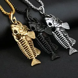 Heavy fish Skeleton Biker Pendant Silver Gold Black Stainless Steel Necklace New with Rolo Chain 4mm 24 2031