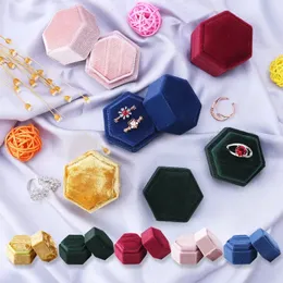 Smyckeslådor Hexagon Square Shape Velvet Box Double Ring Storage Wedding Display for Woman Gift Earrings Packaging 231011