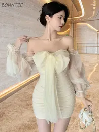 Casual Dresses Slash Neck Women Mesh Sheath French Style Solid Bow Sweet Design Temper Puff Sleeve Fashion Sexy Ulzzang Mujer