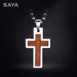 Charms High Polished Tungsten Carbide Cross Pendants inlay Wood with Rose Necklace 70cm Length for Gift 231010