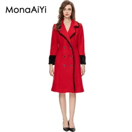 Wełniane mieszanki wełny Monaaaiyi Projektantka mody Autumn wierzchnia odzież damska koralikowa klapa klasyczny podwójnie wygrywalny pasek czerwony wełniany płaszcz 231010