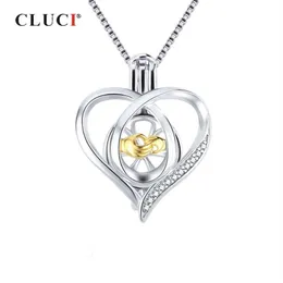 CLUCI 925 Locket for Women Necklace Jewelry Making 925 Sterling Silver Heart Zircon Pearl Cage Pendant SC362SB287R