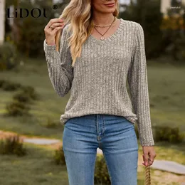 Damskie koszulki Topy Kobiety 2023 Spring Autumn Long Sleeve V Neck Slimon Pullover Solid Color Style w stylu Anglii Sweter w paski