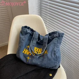 Shopping Bag Tote Large Capacity Denim Vintage Shoulder Zipper Embroidery Clutch for Travel Dating Daily Use 231010