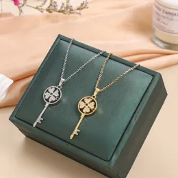 Luxury Brand White Zircon Clover Key Pendant Necklace Stainless Steel Jewelry for Women Gift