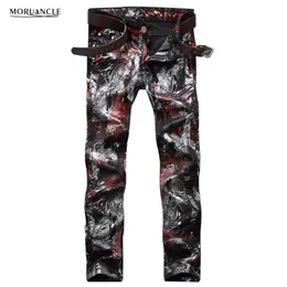 Hela mode män blommor tryckta jeans byxor smala fit hip hop målade denim joggers man klubb bär personlighet jeans byxor3008