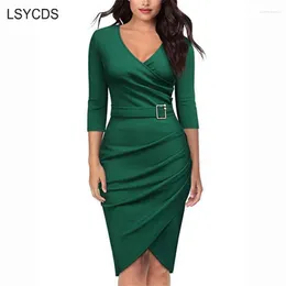 Lässige Kleider LSYCDS Elegantes Kleid mit V-Ausschnitt für Damen, 3/4-Ärmel, Büro, Party, einfarbig, grün, schwarz, weiß, rot, Mantel, S-3XL