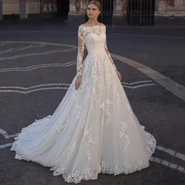 Boat Elegant Neck White Wedding Dress Long Sleeve A-Line Button Lace Appliques Bride Gown Tulle Sweep Train