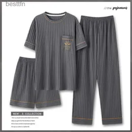 남자 잠자기 패션 여름 3 조각 남자 잠옷 세트 짧은 슬리브 반바지 세트 플러스 크기 5xl 코튼 홈웨어 라운드 칼라 라운지웨어 pijamas manl231011