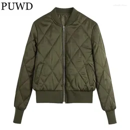 Trench da donna PUWD Casual Donna Verde Trapuntato Giacca a maniche lunghe in cotone 2023 Autunno/Inverno Retro Street Parka Reticolo Slim Femminile