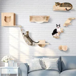 Cat Furniture Scratchers 1 Piece Cat Wall Climbing Shelf Cat Tree Wooden Ladder and Hammock Scratching Post for Cat Grinding Claws and Playing Furniture 231011