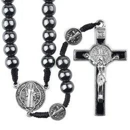 Chokers St Benedict Cording Rosary 8mm Hematite pärlor Religiösa korshalsband Katolska svarta vävda radband 231010